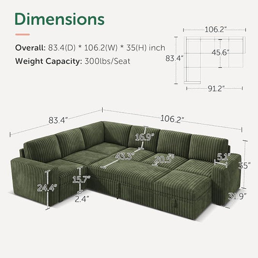 HONBAY Modular Sectional Sleeper Sofa with Pull Out Bed,Corduroy U Shaped Couch with Storage, Sectional Couches for Living Room,Green