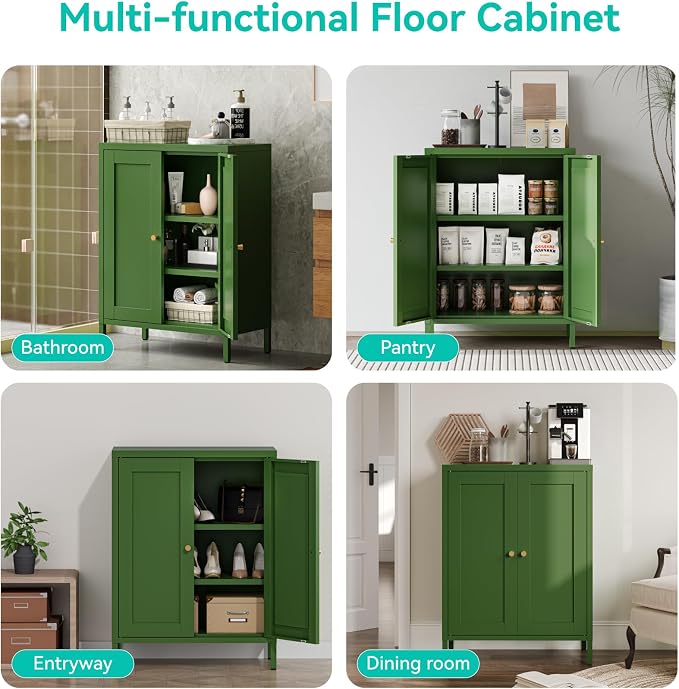 Small Metal Storage Cabinet, 23.6" Wide Bathroom Cabinet with 2 Adjustable Shelves, 3-Tier Shaker Sideboard Storage Unit for Entryway Living Room Kitchen,Forest Green