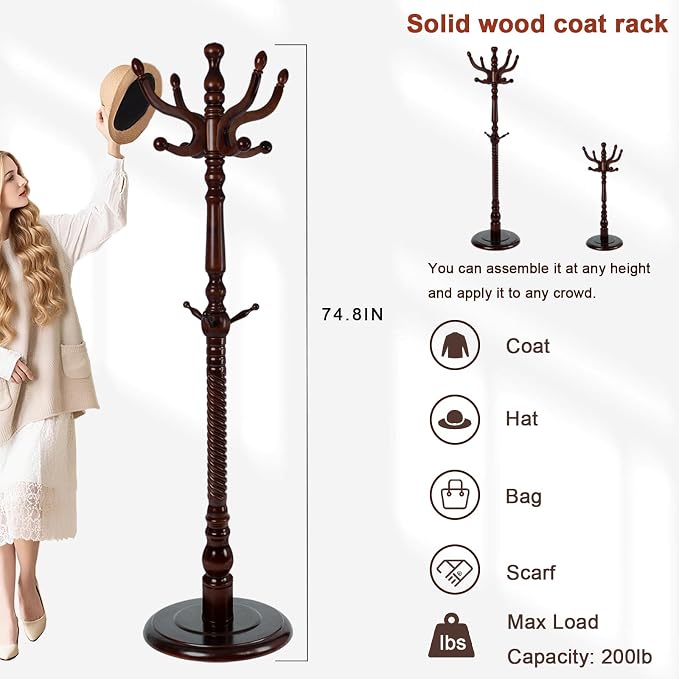 Coat Racks Freestanding, Natural Wood Coat Stands with 11 Hooks, 75" Heavy Duty Adjustable Height Vintage Hall Tree for Entryway, Bedroom, Office, Easy Assembly (Dark Brown)