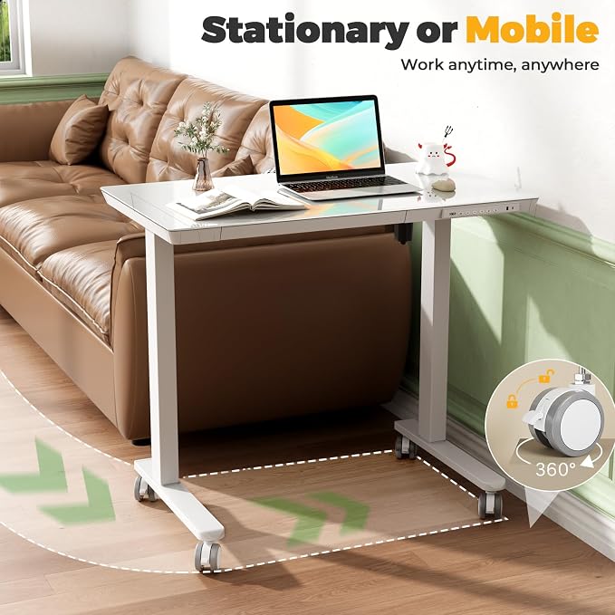 Glass Electric Standing Desk with Drawer, 35" x 20" Whole Piece Small Sit Stand Table, Height Adjustable Desk with Storage & USB Ports, Quick Install Home Office Computer Desk, White