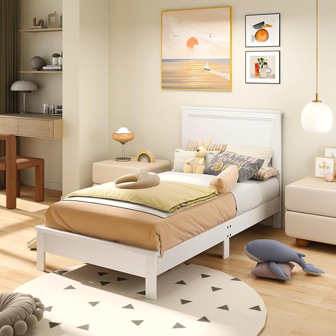 Wood Bed Frames with Headboard, Mid Century Bed Frame with Solid Wood Legs & Wooden Slat Support, Mattress Foundation Bed Base, No Box Spring Needed, (White, Twin)