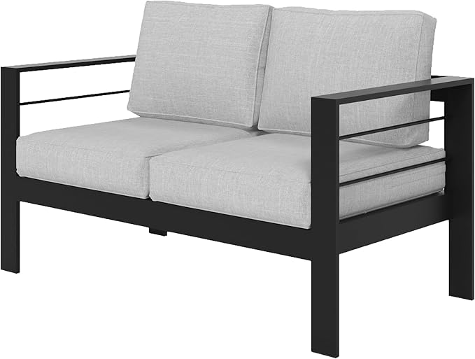 Wisteria Lane Aluminum Outdoor Sofa, 2 Seats Patio Couch All-Weather Rust-Proof Modern Metal Patio Furniture with 5" Thick Olefin Cushions, Light Grey