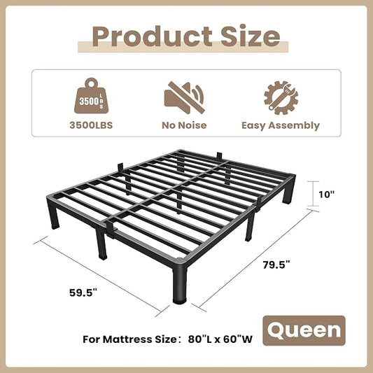 ROIL 10 Inch Queen Bed Frame with Rounded Corner Low Profile Metal Platform 3500LBS Heavy Duty Steel Slats No Box Spring Needed Noise-Free Easy Assembly