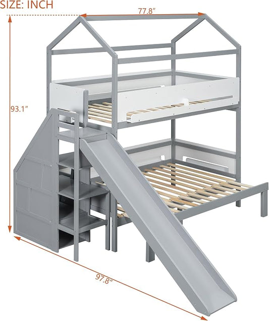 Harper & Bright Designs Twin Over Full House Bunk Bed with Trundle and Slide, Metal Bunk Bed with Bookshelf and Stairs for Kids Teens Adults, Space Saving, No Box Spring Needed, Gray+White