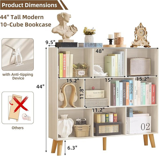 LEYAOYAO 10 Cube Bookshelf,3 Tier Modern Wide Bookcase with Legs,Mid-Century Wood Bookshelves Storage,Light Grey White Large Book Case,Freestanding Organizer Display Shelf for Living Room,Office