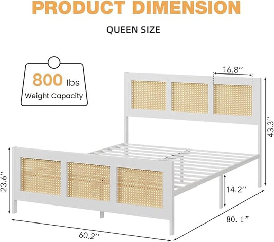 IDEALHOUSE Rattan Bed Frame with Headboard, Boho Queen Bed Frame with Strong Metal Slats Support, No Box Spring Needed, Noise-Free Design, White