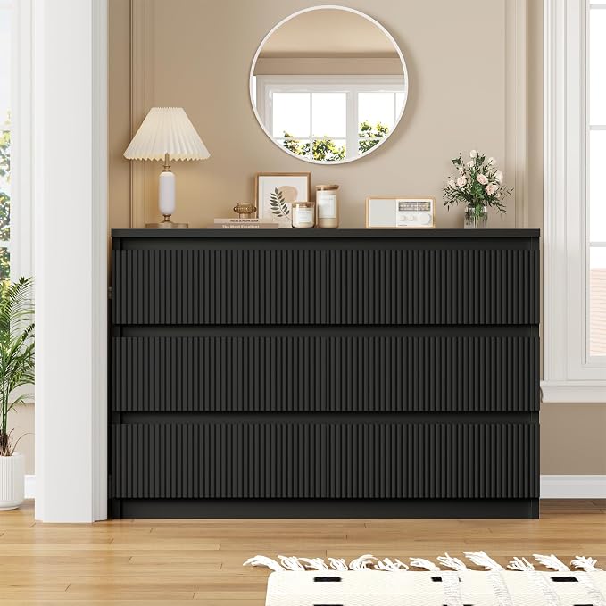 Jocoevol 6 Drawer Fluted Dresser, Modern Chest of Drawers for Bedroom with Hidden Handles, Wood Storage Organizer Cabinet for Living Room & Entryway, Black (15.7" D x 47.3" W x 31.6" H)