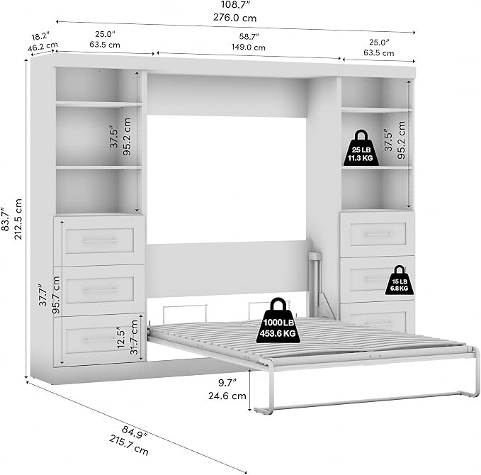 Bestar Pur Full Murphy Bed and 2 Shelving Units with Drawers, 109-inch Space-Saving Wall Bed
