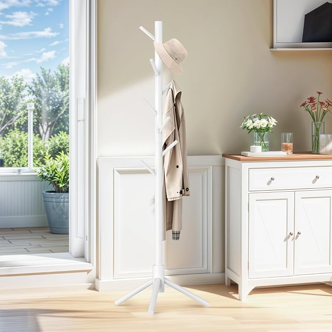 Wooden Coat Rack Freestanding with 8 Hooks,Easy Assembly New Zealand Pine Tree Coat Racks, 3 Adjustable Sizes for Clothes, Hats, Bags, for Entryway, Hallway, Bedroom, Office (White, 1 PC)