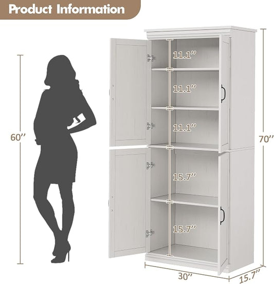 IDEALHOUSE Pantry Cabinet,70" Tall Kitchen Pantry Cabinet with Doors and Adjustable Shelves, Freestanding Cupboard, Tall Storage Cabinet for Bathroom, Dining Room, Living Room (Antique White)