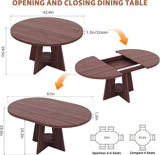 Extendable Dining Table, Round Kitchen Dining Room Dinner Table with for 4 6 8 People, Space Saving Modern Oval Expandale Furniture with Storage and Pedestal for Kitchen Living Room (Brown)