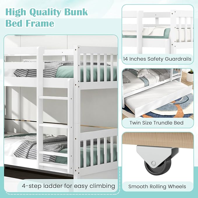 MAT EXPERT Twin Over Twin Bunk Bed with Trundle, Solid Wood Bunk Bed Frame w/Ladder, Slats & Rail, Convertible Twin Size Platform Bed for Kids, Space-Saving Bunk Beds for Bedroom Dorm (White)