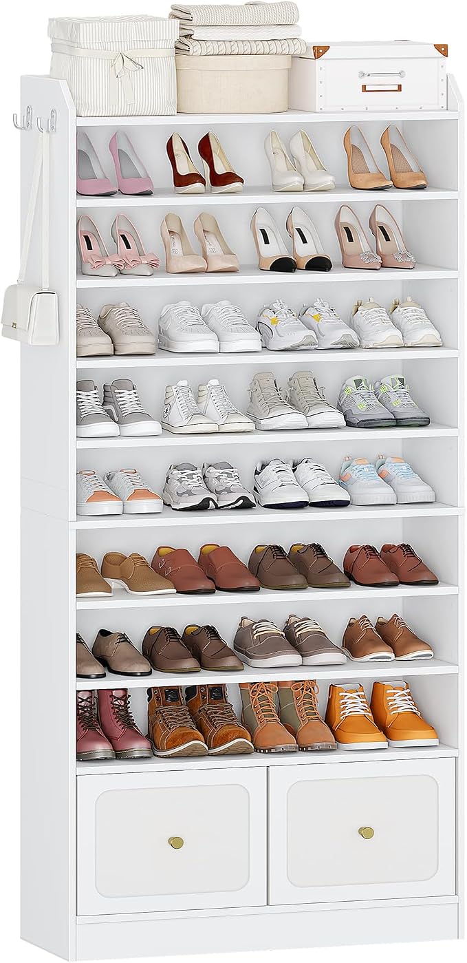 Hzuaneri Shoe Storage Cabinet, 10 Tiers Shoe Cabinet with 2 Cloth Drawers, Wooden Freestanding Shoes Organizer with 2 Hooks, 40-45 Pairs, Shoes Cubby Organizer for Entryway, White SR52903MI