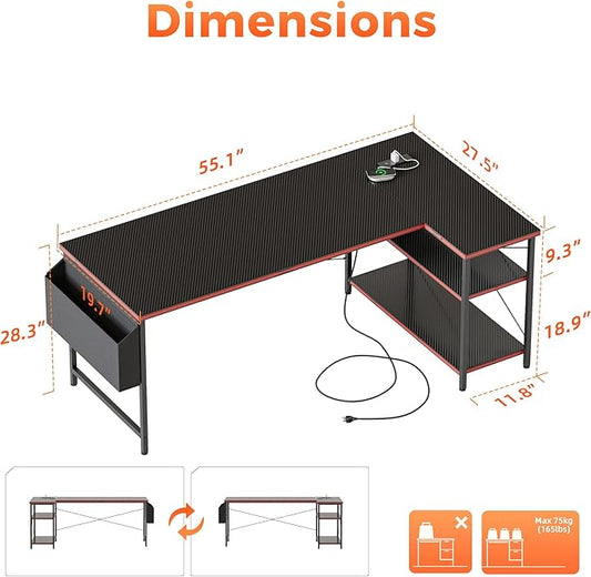 Mericonia Small L Shaped Computer Desk with Power Outlets, Reversible Gaming Desk with Storage Shelves, Corner Gamer Desk Table, Study Writing Table