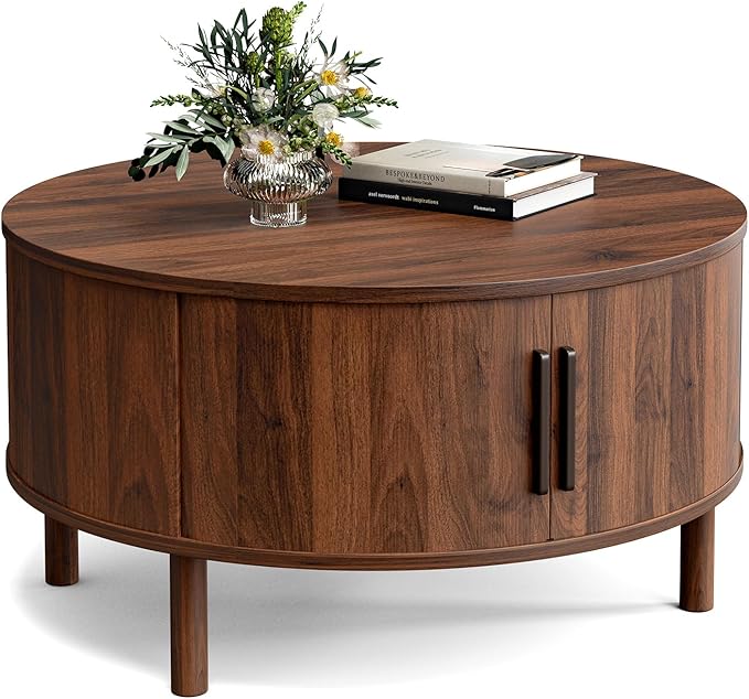 ZttRiee Round Coffee Table with Sliding Doors, Mid-Century, Walnut | Ø30.0"D x 16.3"H, 200 lbs capacity, dual sliding-door storage, ~45 min assembly