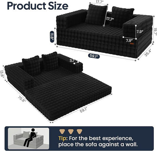 COMAX Futon Sofa Bed, Convertible Sofa Bed, Folding Boneless Couches | Boneless Couch for living room, Fold Out Small Foldable Loveseat Floor Sleeper Mattress Lounge Space‑Saving, Dark Black