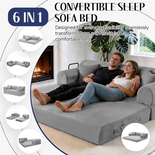 79'' Convertible Sofa Bed, 6 in 1 Folding Floor Futon Couch Sleeper with Fixed Frame, Corduroy Modular Sofa Bed with Removable Armrests & Pillows, No Assembly for Living Room Bedroom (Light Gray)