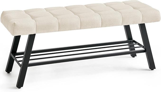 LUE BONA 45" Entryway Bench with Storage Shelf, End of Bed Bench with Tufted Linen Fabric Seat, Bedroom Bench with Metal Frame, 330 LBS Capacity for Entryway, Living Room, Hallway, Linen Color