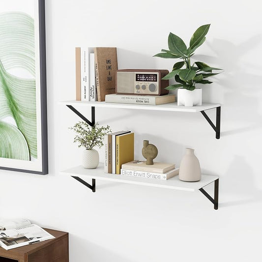 Heimlove White Deep Floating Shelves for Wall, 28W x 12D Wood Wall Shelves Set of 2, Wide Floating Bookshelf for Living Room, Kitchen, Office, Bedroom and Decor Storage, with Black Bracket - White