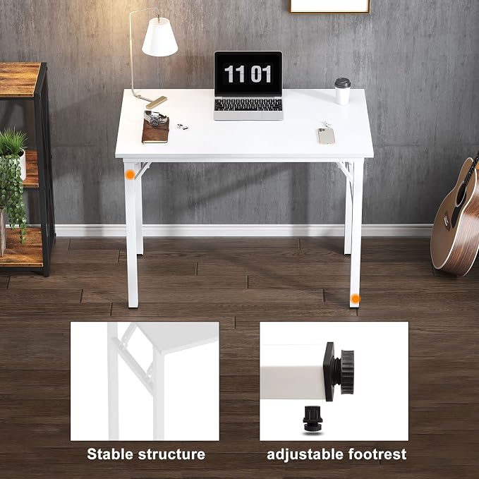 Need 31.5 Inch Folding Computer Desk for Small Spaces, White Study Foldable Writing Table for Home Office, Bedroom, Dorm Room & Student, No Assembly