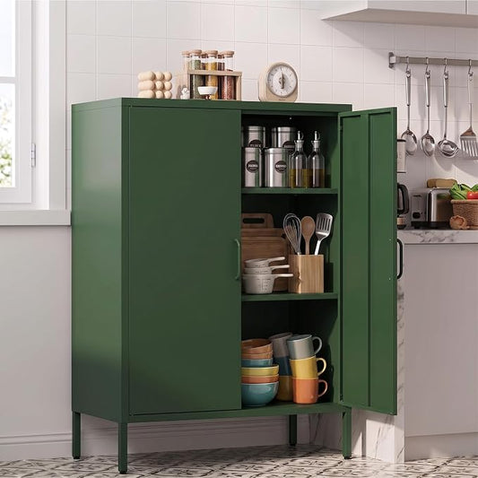 Metal Locker Storage Cabinet, Accent Sideboard Cabinet with Adjustable Shelves for Home Office, Garage, Kitchen, Living Room, Kitchen (Green, 40" H-Metal Doors)
