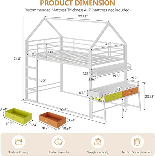 DICTAC Twin Over Twin Low Bunk Bed with Desk and Drawers, White | Metal House Shaped Low Bunk Bed, 2 Storage Drawers, Bookshelf and Side Pocket, Floor Bunk Bed with 13.4''H Safety Guardrail