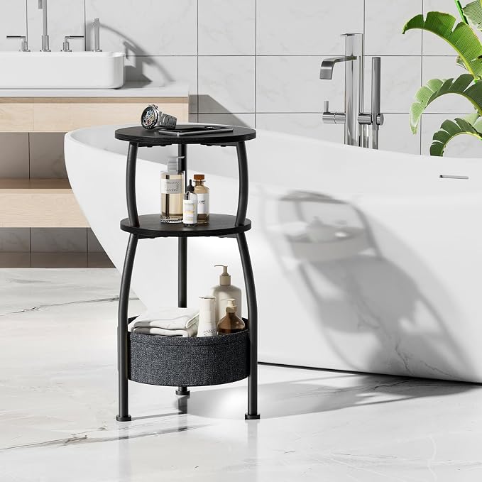 Small Round Side Table for Living Room with Storage Basket –Small Space Saving End Table 3-Tier Accent Nightstand Couch Corner Table for Sofa, Bedroom, Patio and More 24in Tall Classic Black