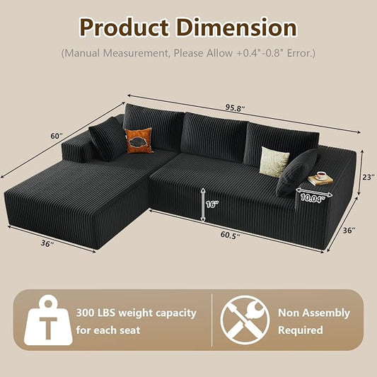 96" Modular Sectional Couch, Boneless L Shaped Cloud Sofa with Chaise Lounge, Corduroy Upholstered Couches Memory Foam Deep Seat, No Assembly Required, Ideal for Living Room(Black, Left Facing)