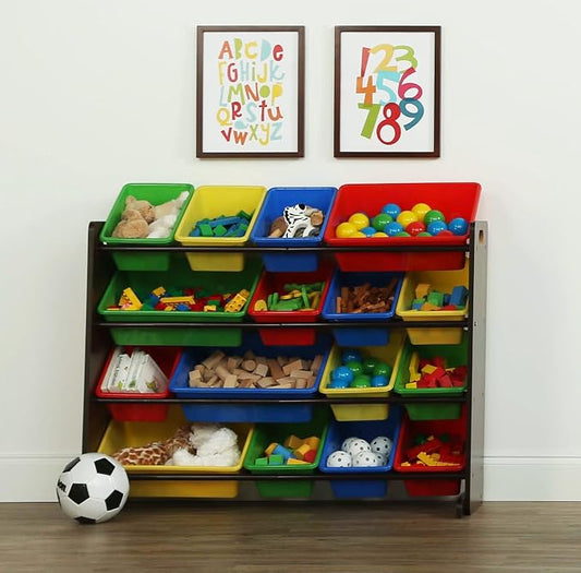 Humble Crew Toy Storage Organizer with 16 Removable Storage Bins for Kids Playroom, 4-Tier Toddler Toy Organization and Storage, Walnut/Primary