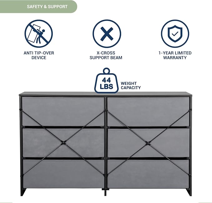 Modern 6-Drawer Dresser with Spacious Storage, Sturdy Wood Frame, Large Capacity Fabric Drawers, Dressers for Bedroom, Home Organization Storage for Living Room or Hallway, Black | 6-drawer dresser, fabric storage drawers, sturdy wood frame, bedroom or...