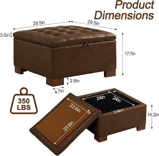 WUTUTUEE 30" Faux Leather Square Storage Ottoman with Wooden Tray, Modern Tufted Button Footstool Coffee Table, Upholstered Large Ottoman for Living Room, Bedroom, Coffee
