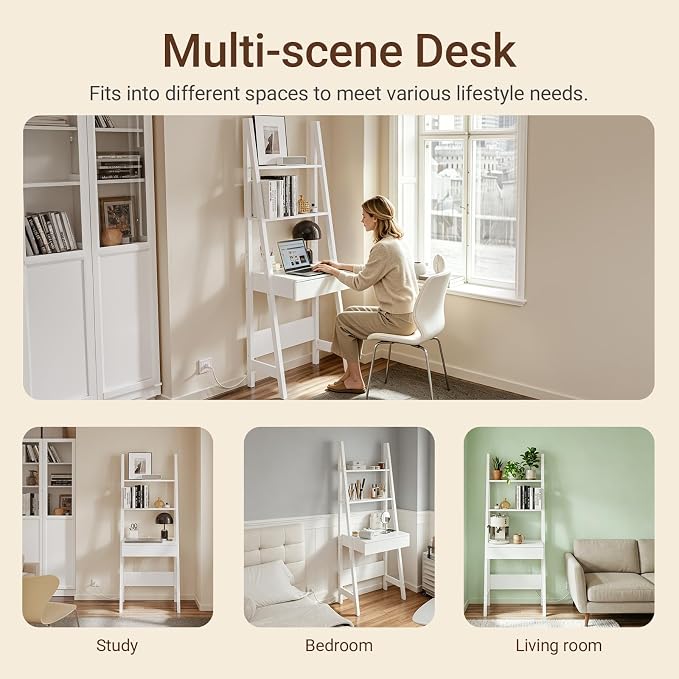 Haotian Ladder Desk with Power Outlet, Narrow Bookshelf Desk with Drawer and Shelves, Compact Secretary Desk for Small Spaces, Bedroom, Home, Office (White FWT112-W)