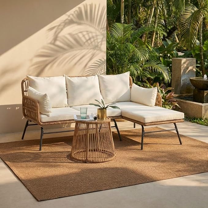 Bezseller 3-Piece Outdoor Patio Furniture Set, L-Shaped Rattan Sectional Sofa with Thick Cushions, Glass Coffee Table – All-Weather Conversation Set for Backyard, Porch, Poolside