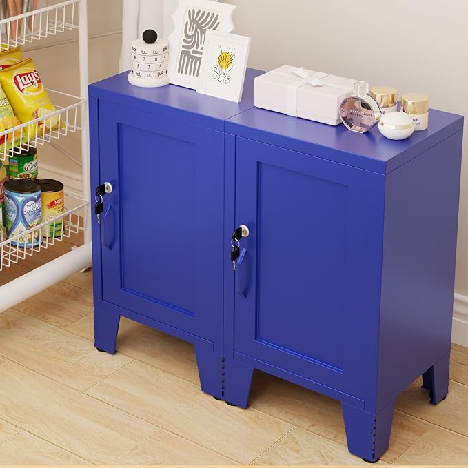 ALBAD Metal Nightstand with Lockable Cabinet, Compact Mini Locker Bedside Table for Kids & Adults, Modern Steel Side Table for Bedroom, Dorm, or Living Room (Blue)
