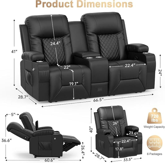 Recliner Sofa Set, Loveseat Recliner Couch and Recliner Chair with Heat & Massage, Home Theater Seating with Console, Drawer, USB Ports & Phone Holders, Reclining Loveseat for Movie Theater