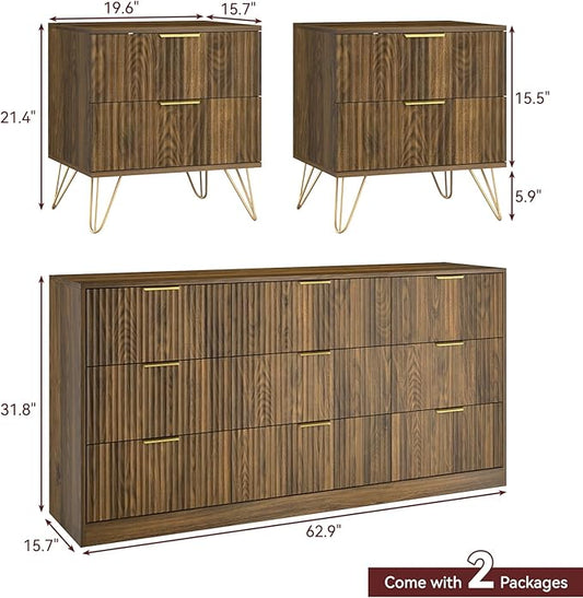 9 Drawer Dresser and Nightstand Sets for Bedroom, 3 Pcs Bedroom Set,Night Stand Set of 2 & 9 Drawer Dresser with Gold Handles, Modern Wood Chest of Drawers Storage Cabinet Set, Natural