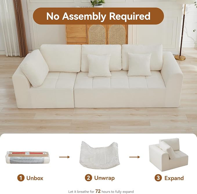 110''Modular Sectional Couches for Living Room, Cloud Boneless Compressed Sectional Sofa, Oversized 3 Seater Upholstered Memory Foam Sofa, No Assembly, Chenille Beige