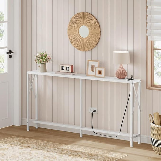 Gewudraw Console Table with Oulets and USB Ports, 55.1" Sofa Table Behind Couch, Industrial Long Skinny Stand for Hallway, Living Room, Bedroom, 6.5 Feet Power Cord, White