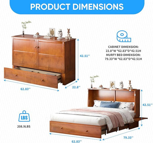 PUREMIND Murphy Bed with Mattress Included, Queen Murphy Bed Cabinet with Storage Drawer and Bedside Panel, Built-in Charging Station, Solid Wood Space-Saving Wallbed Hideaway Beds for Guest Room