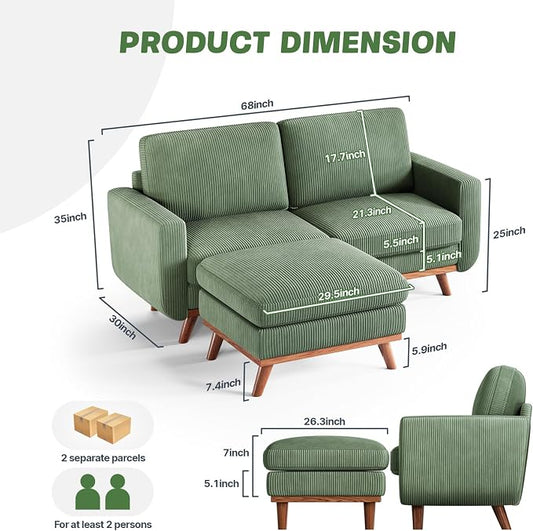 Vesgantti 68" Loveseat Sofa with Movable Ottoman, Comfy Corduroy Couch with Spring Cushion, Sofa Couch with Solid Wood, Modern Office Sofa with Deep Seat for Living Room and Bedroom, Green