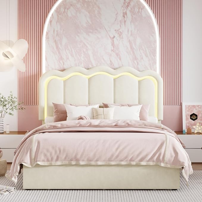 SHA CERLIN Upholstered Full Size Bed Frame with LED Lights and Large Storage Drawer, Velvet Platform Bed with Adjustable Wavy Headboard, Noise Free, Easy Assembly, No Box Spring Needed, Soft Cream