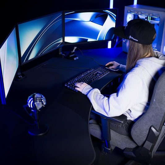 Arozzi Arena Angelo Gaming Desk with Storage - 88.6x28” Corner Desk - Curved Design Table, Fits 3 Large Screens with Adjustable Height - Full-Surface Mousepad - Gunmetal