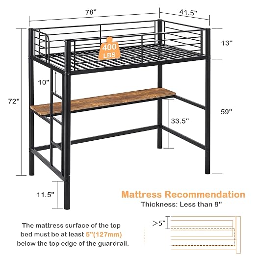 VECELO Metal Loft Bed Twin Size with Desk, Heavy Duty Bedframe with Removable Ladder and Safety Guardrail, Space-Saving, Noise Free, No Box Spring Needed, Matte Black
