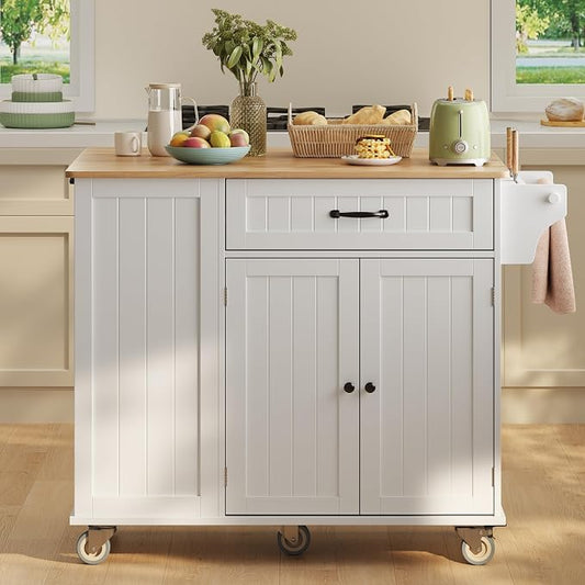 Ahomly Kitchen Island with Storage, 44.49" Kitchen Island with Trash Can Storage, Drop Leaf Rubberwood Top, Knife Holder, Adjustable Shelf, Towel Bar, Drawer, Spice Rack, White