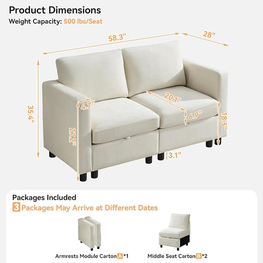 WUTUTUEE 58'' Modular Sectional Loveseat Sofa, Modern Love Seat 2 Seater Sofa Couch with Storage, Chenille Modular Sectional Couch for Living Room, Bedroom, Office, Small Apartment, Beige