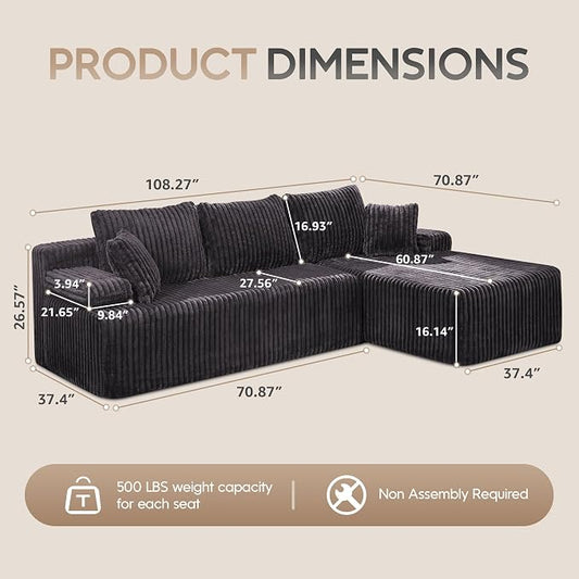 Hobestluk Boneless Couch Modular Sectional Sofa L-Shape Oversized Chaise | 108" Right Facing Chaise Darkgrey,Memory Foam,Removable Cover,Non-slip Bottom,No Assemble Required,Living Room Furniture