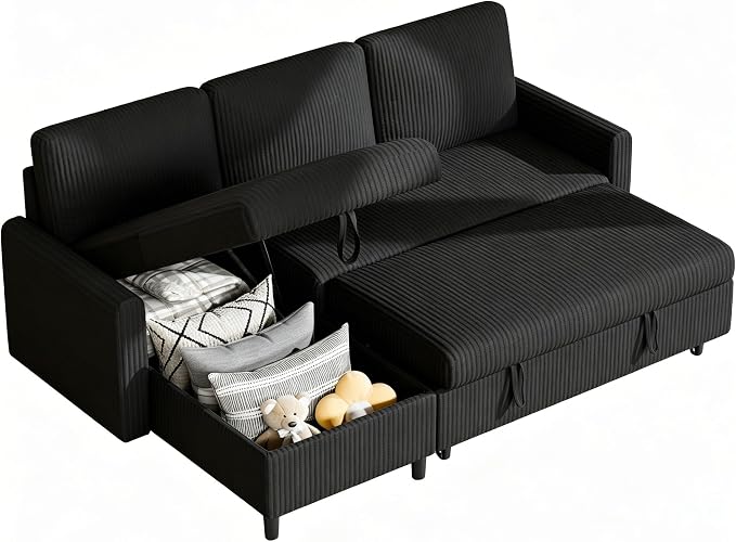 Vongrasig Convertible Sofa Bed with Storage for Small Space, Black Corduroy | Pull Out Couch with Storage , 77" L-Shaped Sleeper Sofa Bed with Storage Chaise Corduroy Fabric for Living Room, Apartment