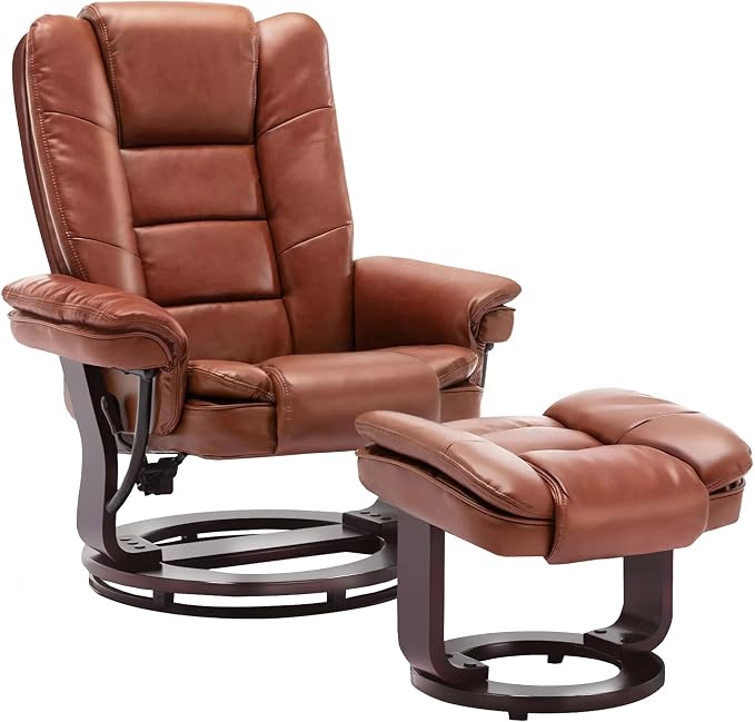 Swivel Recliner Chair with Ottoman Reclining Lounge Sofa Footrest, Set of 1 | 360°Sturdy Wood Base, Soft PU Leather, Upholstered Ultra-Plush Foam, Modern Armchair, Living Room Bedroom Office Reading Home