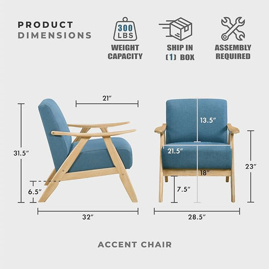 Lexicon Mid Century Modern Accent Chair with Solid Wood Frame in Natural Finish, Textured Fabric Living Room Lounge Arm Chair, Thick and Comfy Innerspring Seat Cushion, Linen-Look Fabric, Blue
