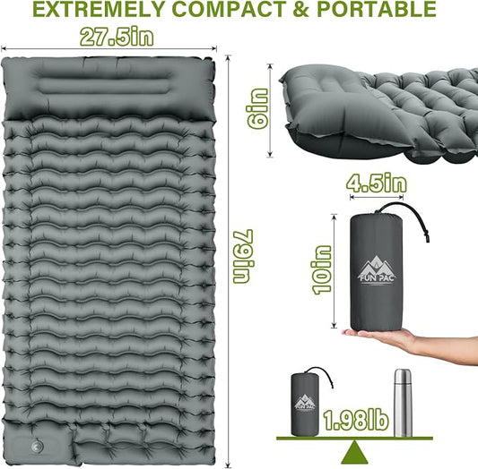 FUN PAC Camping Sleeping Pad, Ultralight Camping Mat with Pillow Built-in Foot Pump Inflatable Sleeping Pads Compact for Camping Backpacking Hiking Traveling - Gray